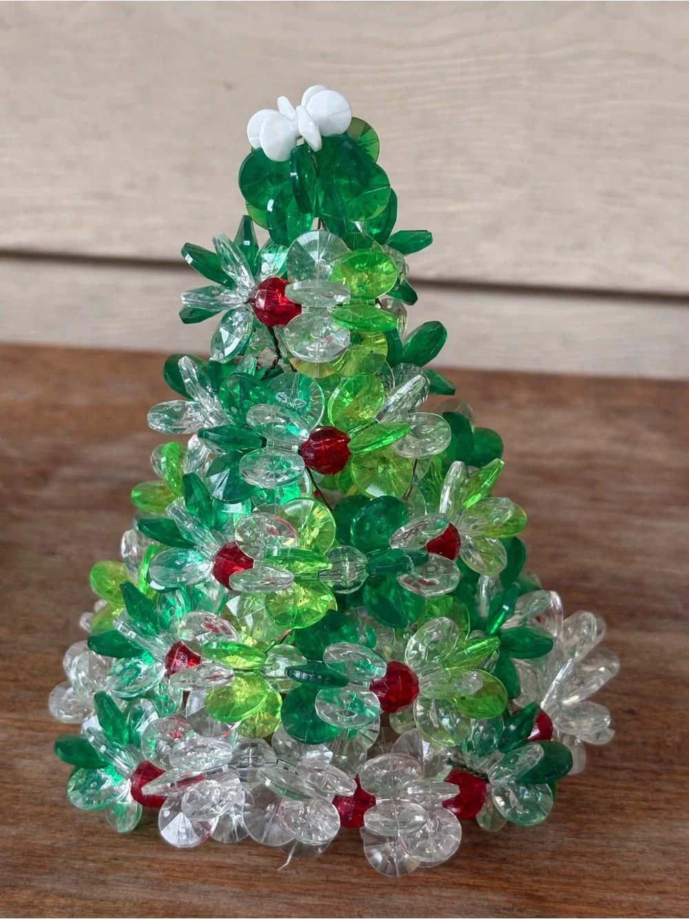 VTG handcrafted beaded Christmas tree decor, from the 1980s or 1990s.
